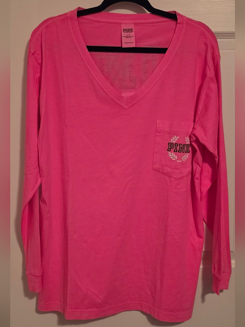 PINK Victoria's Secret V-neck Long Sleeve Tee - Hot Pink Sz L
